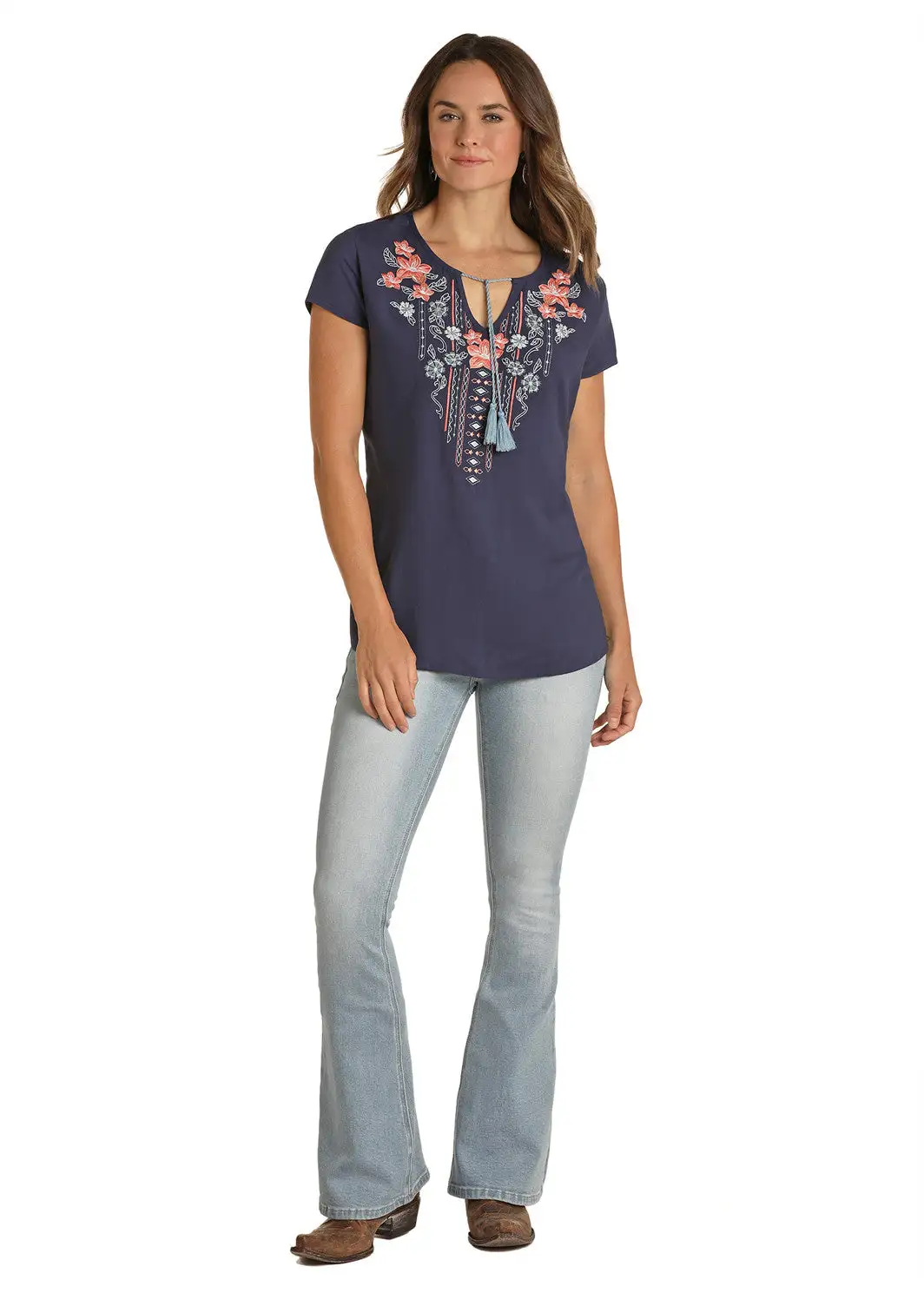 Panhandle Slim® Women's Floral Embroidery Cap Sleeve Western Shirt 2 Panhandle Slim® Women's Floral Embroidery Cap Sleeve Western Shirt - Image 2