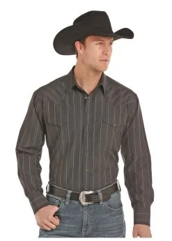 Panhandle Slim® Men's Dobby Stripe Long Sleeve Snap Front Western Shirt -Leather Wallet Shop 30S8456 Panhandle Slim Stripes of Grey Z