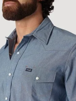 Wrangler® Men's Cowboy Cut® Denim Long Sleeve Western Work Shirt - Chambray -Leather Wallet Shop 70136MW ALT2