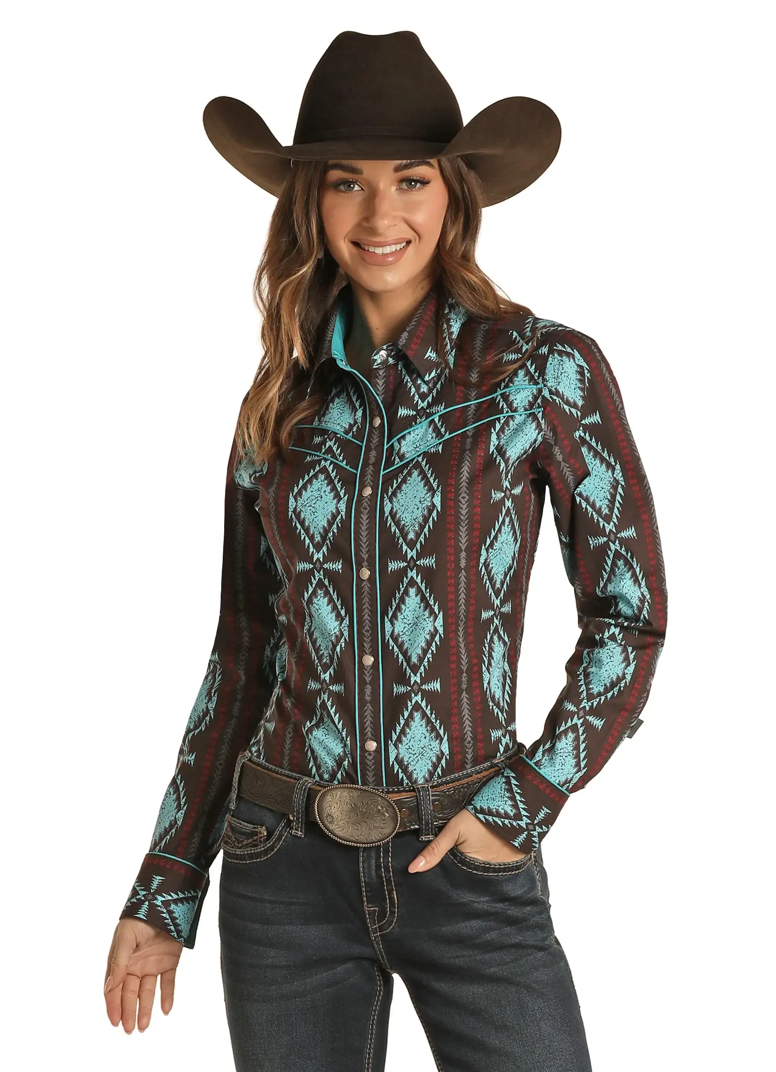 Panhandle Slim® Women's Aztec Print Long Sleeve Snap Front Western Shirt 1 Panhandle Slim® Women's Aztec Print Long Sleeve Snap Front Western Shirt