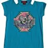 Panhandle Slim® Girl's Teal Southwest Horse Print Crop Sleeve T-Shirt