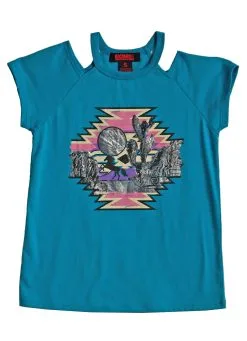 Panhandle Slim® Girl's Teal Southwest Horse Print Crop Sleeve T-Shirt