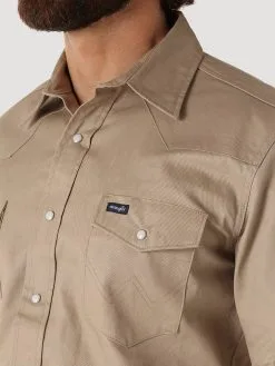 Wrangler® Men's Cowboy Cut® Twill Long Sleeve Snap Front Western Work Shirt - Khaki -Leather Wallet Shop MS70319 ALT2
