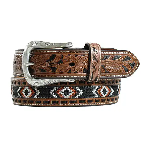M&F Western M&F Nocona® Men's 1.5" Brown Leather Floral Tooled Embroidery Inlay Western Belt 1 M&F Western M&F Nocona® Men's 1.5" Brown Leather Floral Tooled Embroidery Inlay Western Belt