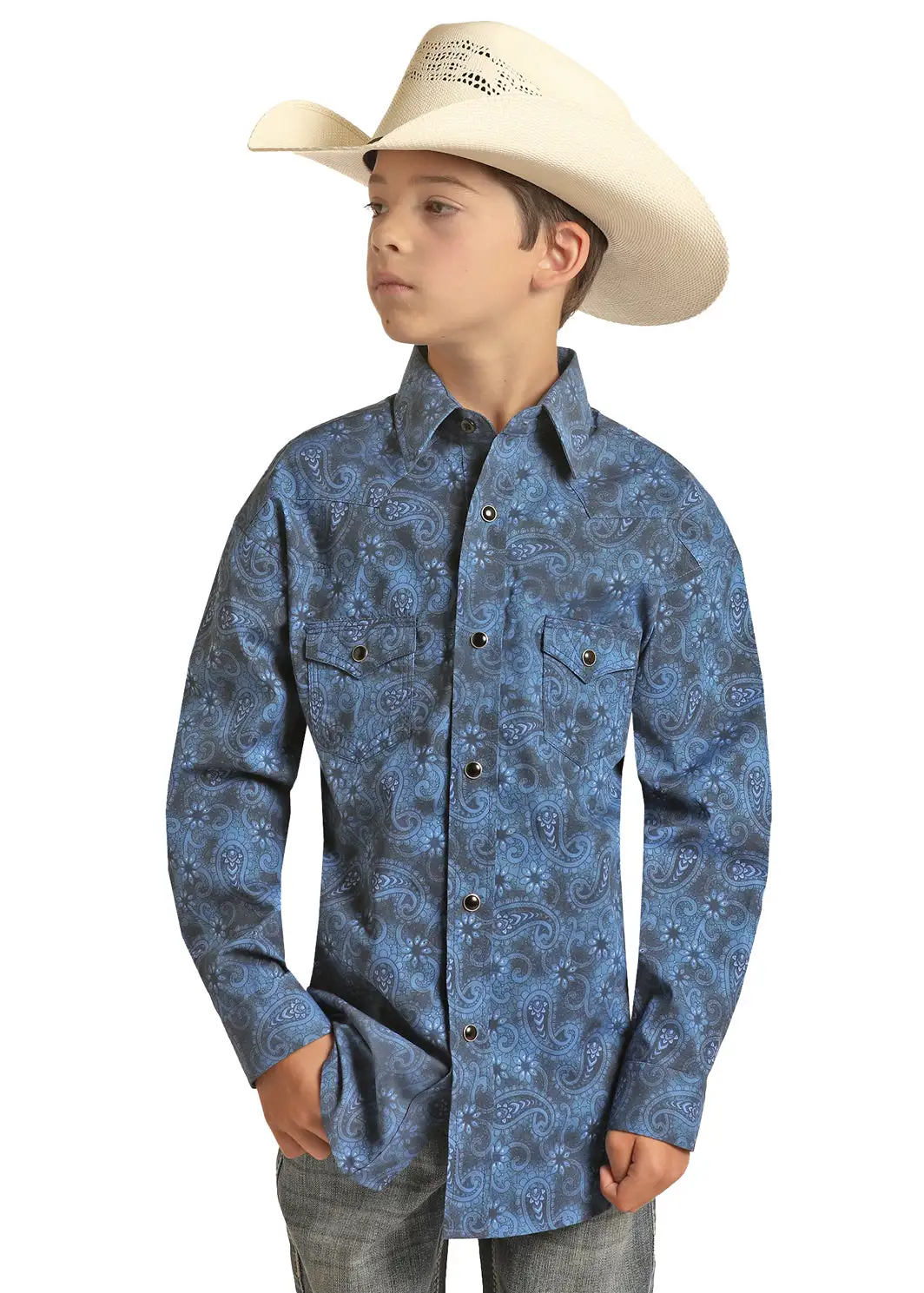 Panhandle Slim® Boy's Blue Vintage Paisley Long Sleeve Snap Front Western Shirt 1 Panhandle Slim® Boy's Blue Vintage Paisley Long Sleeve Snap Front Western Shirt