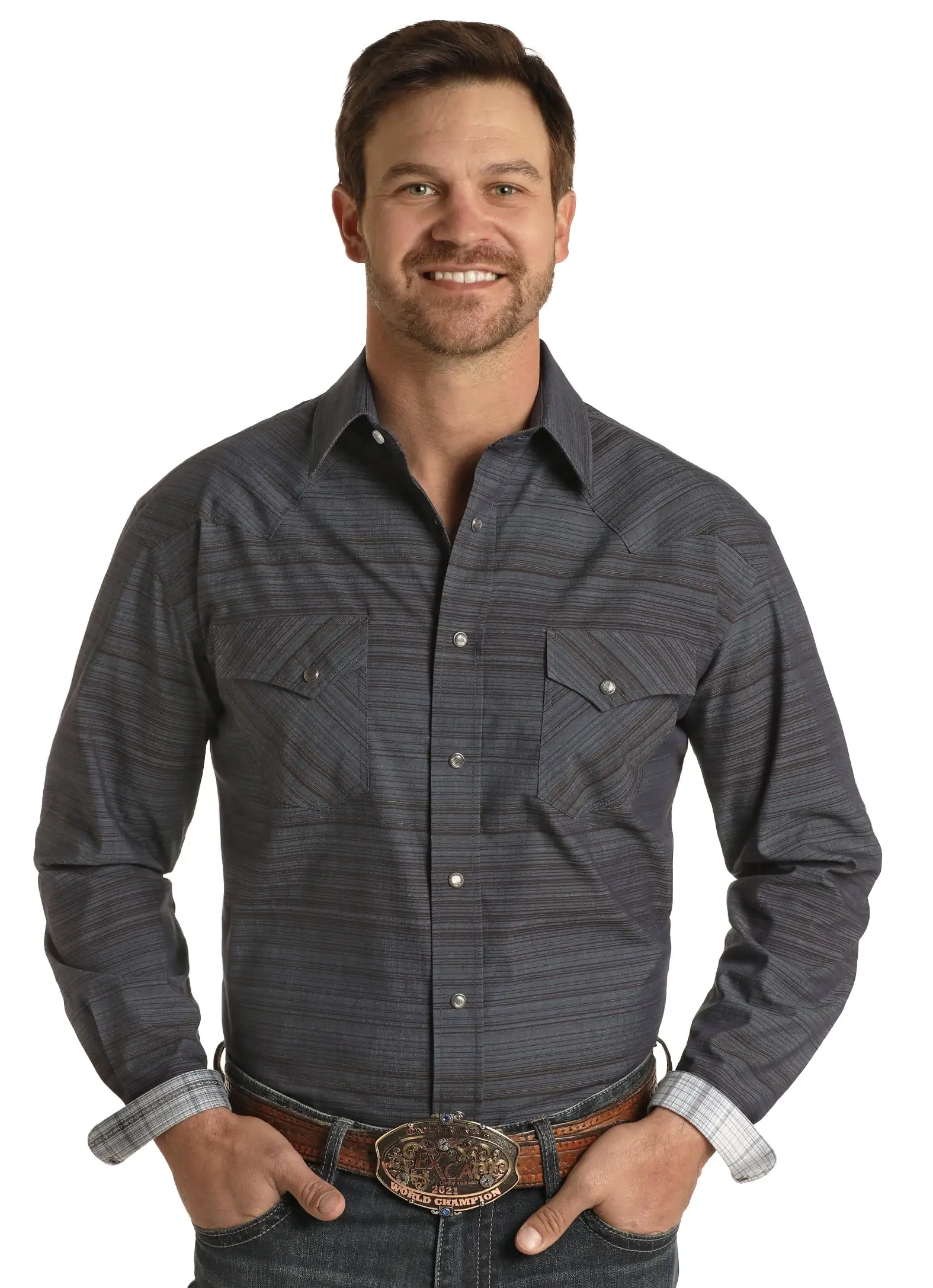 Panhandle Slim® Men's Grey Stripe Long Sleeve Snap Front Western Shirt 1 Panhandle Slim® Men's Grey Stripe Long Sleeve Snap Front Western Shirt